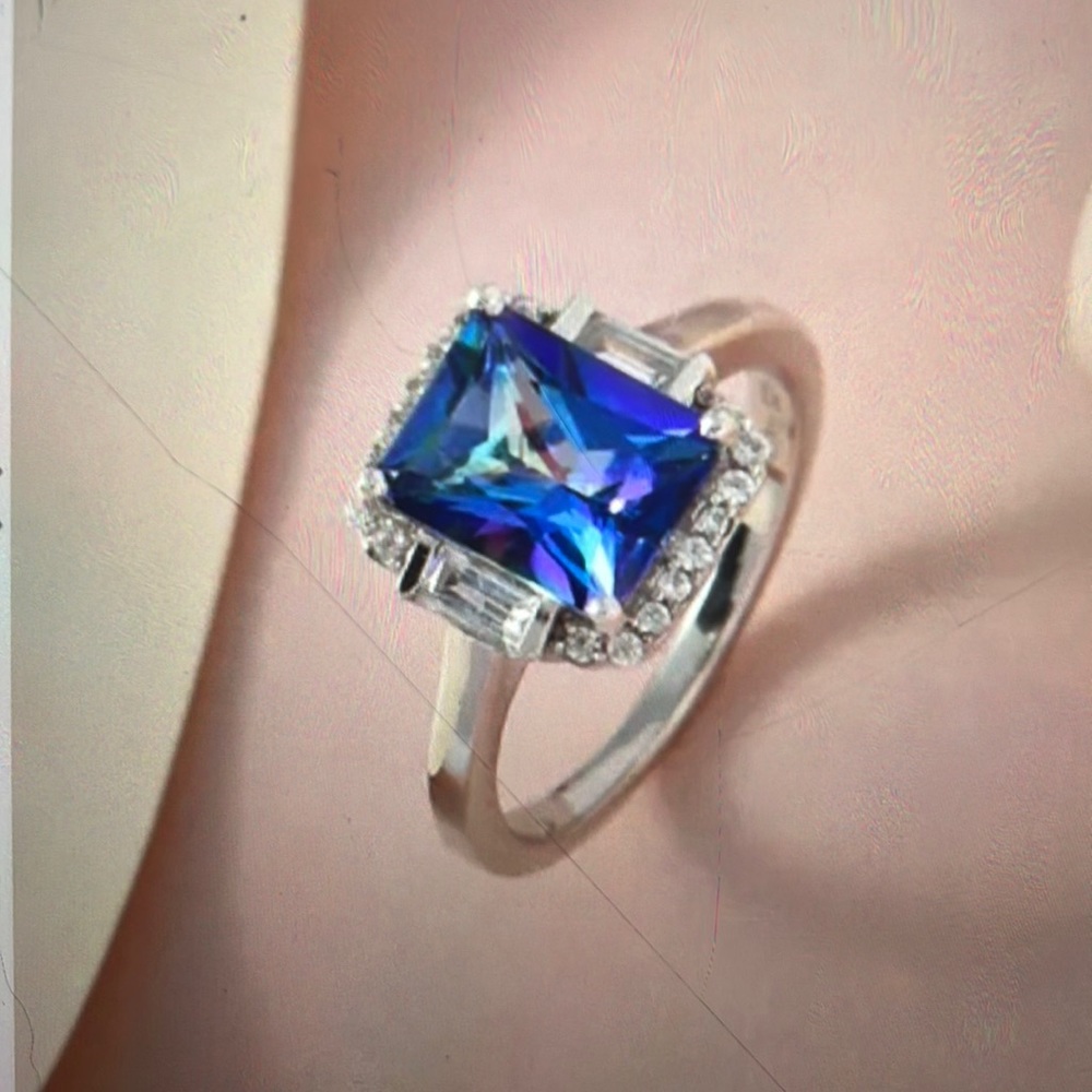 Brazilian Blue Petalite and White Zircon Ring in Platinum over Sterling Silver.
